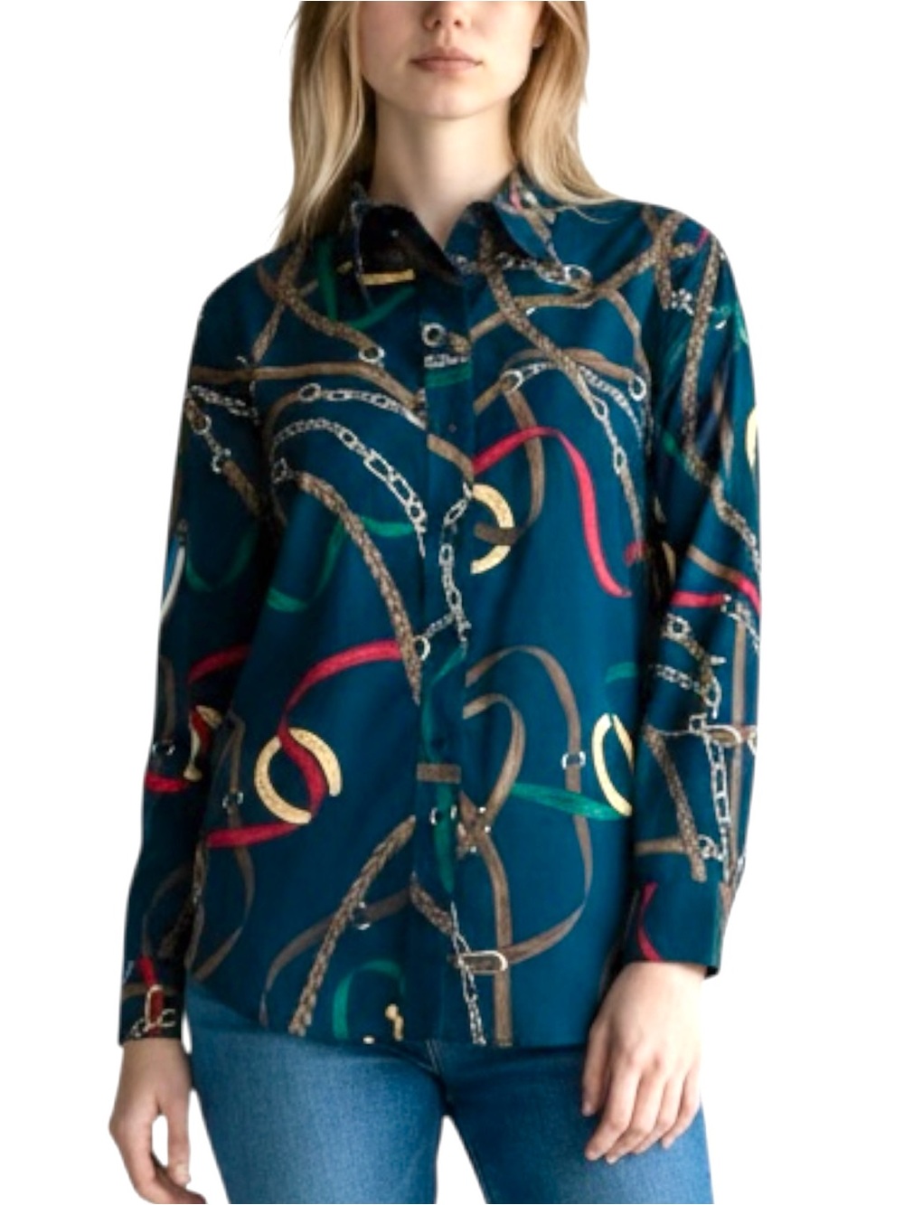 Lauren Ralph Lauren Classic Sateen Cotton Chain-Print Button Shirt M Equestrian